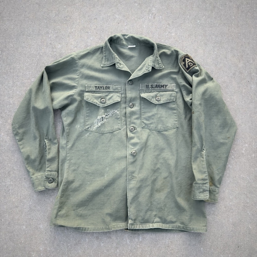 Vintage 1970s US Army OG-107 Shirt 16.5x34 Cotton Sateen Patched Thrashed